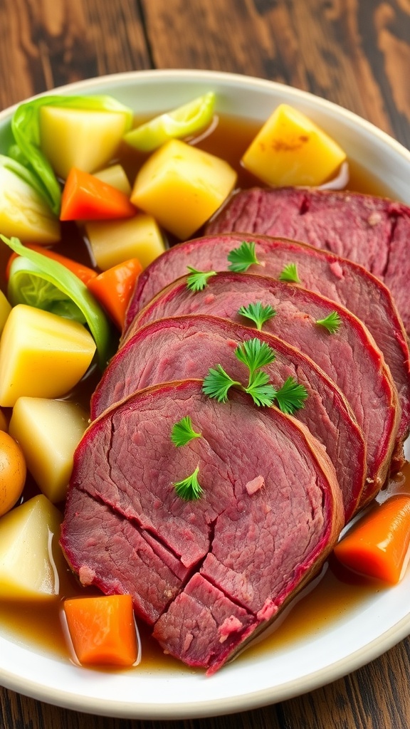 Slow Cooker Corned Beef and Cabbage Recipe Tender slices of corned beef with cabbage, potatoes, and carrots on a rustic wooden plate.